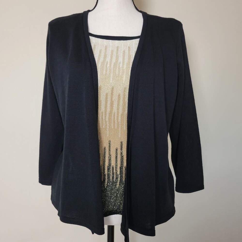 Vintage Alfred Dunner Petite L Gold Metallic Cardigan Faux Shell Pullover